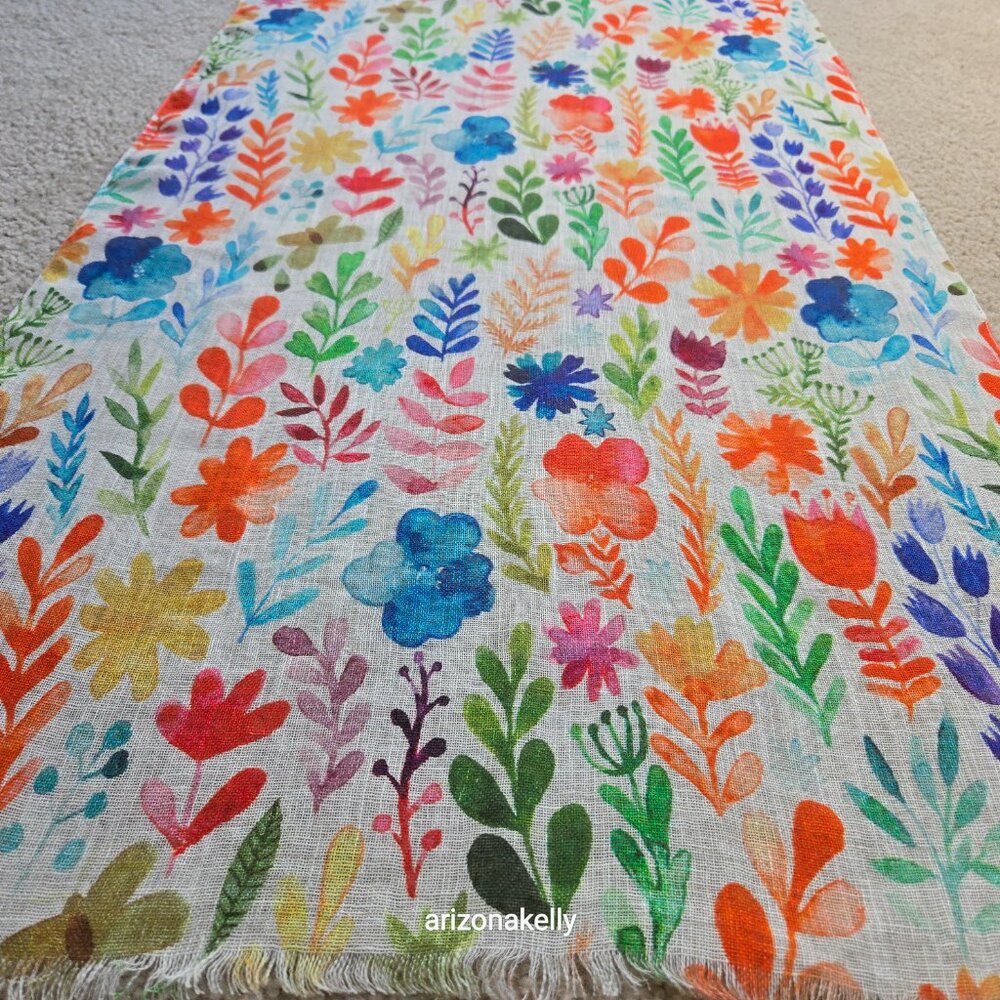 NWOT Linen Scarf Watercolor Flowers Colorful Art - Picture 5 of 10